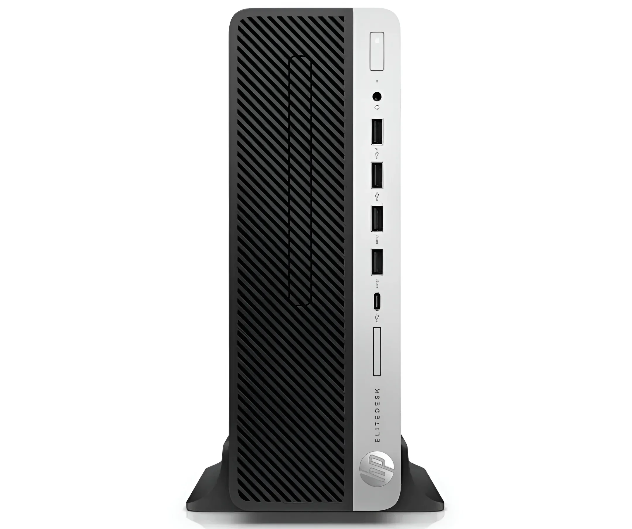 نمای از جلوی مینی کیس HP EliteDesk در حالت عمودی و پورت های جلوی