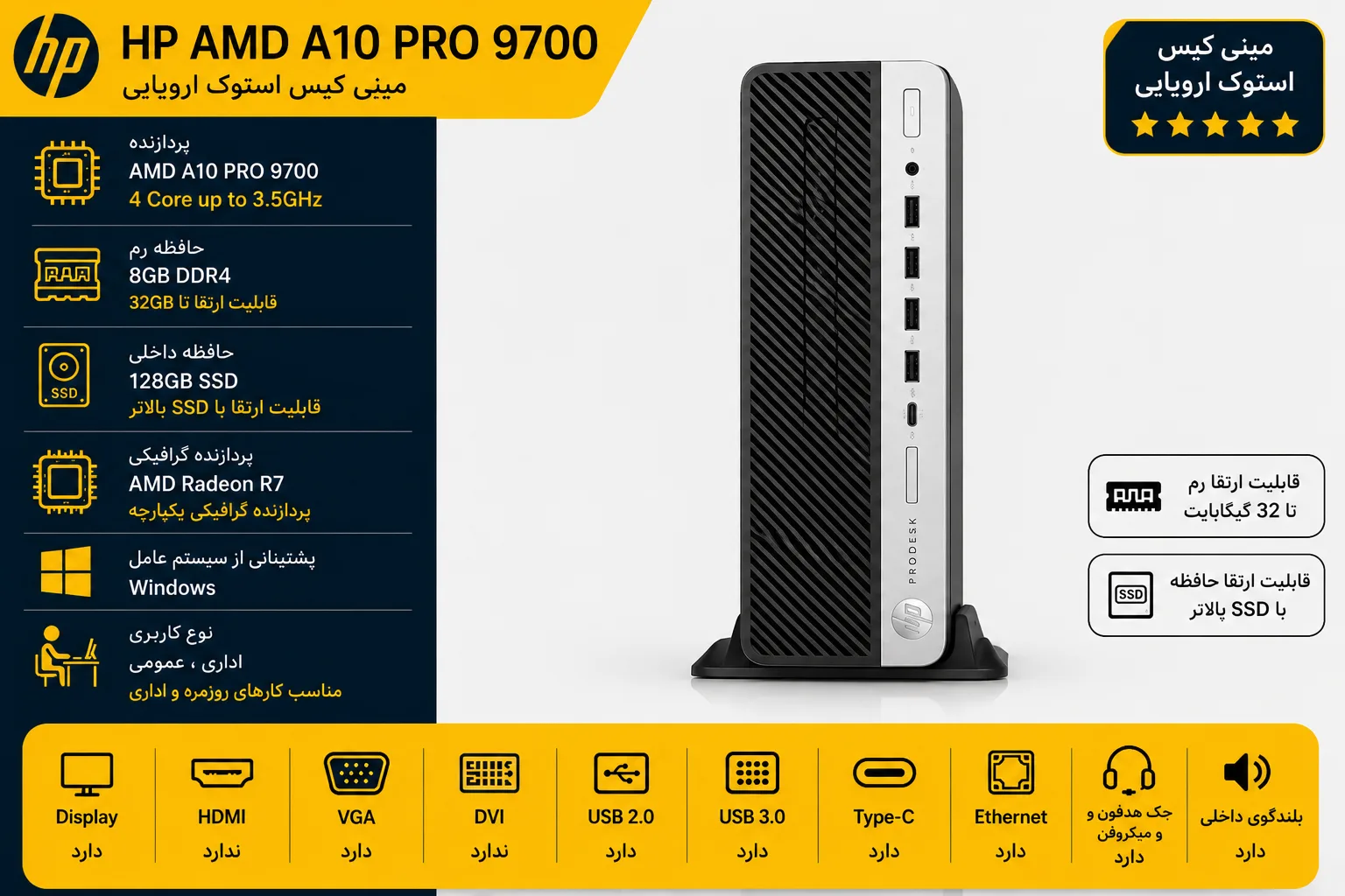 مشخصات فنی مینی کیس استوک اچ پی hp amd a10 pro 9700
