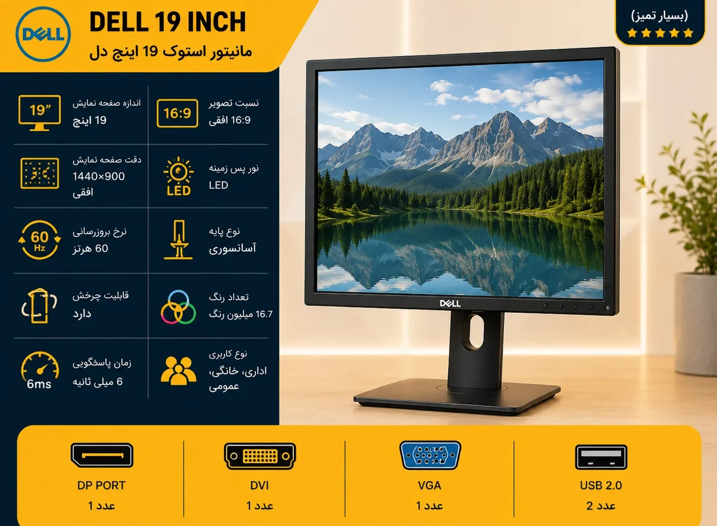 مشخصات فنی مانیتور دل استوک 19 اینچ
