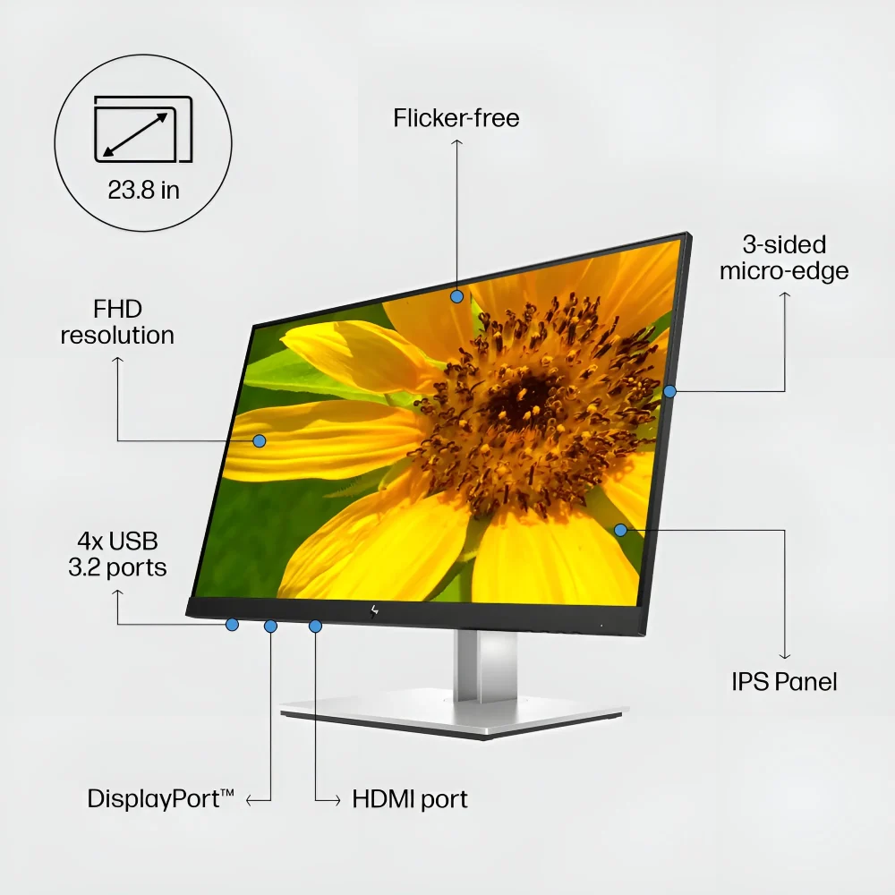 اجزای مانیتور HP E24 G4 شامل صفحه‌نمایش، پایه قابل تنظیم و بدنه مانیتور