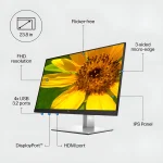 اجزای مانیتور HP E24 G4 شامل صفحهنمایش، پایه قابل تنظیم و بدنه مانیتور
