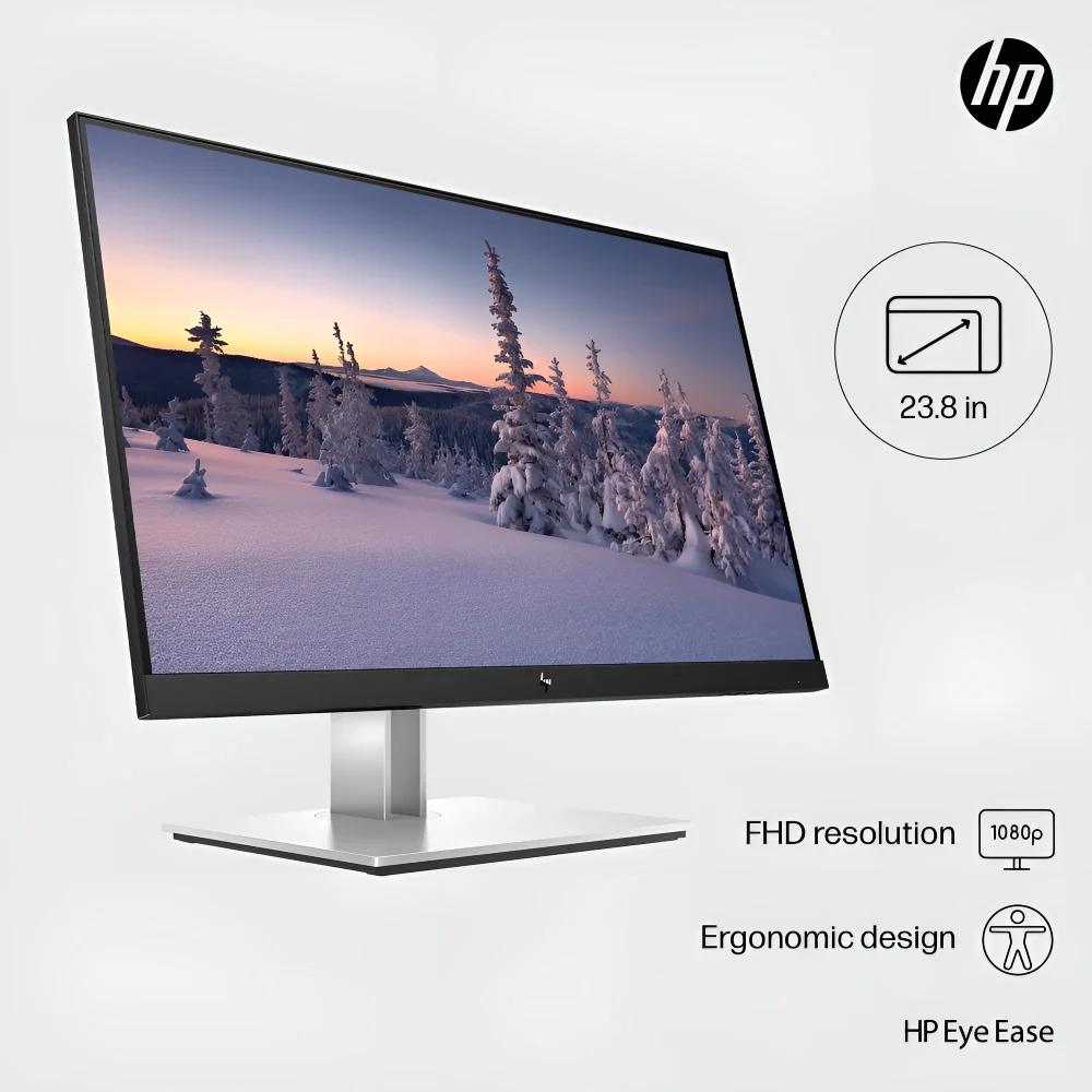 تصویر ابعاد و اندازه‌ مانیتور HP E24 G4 سایز ۲۴ اینچ برای بررسی فضای مورد نیاز روی میز
