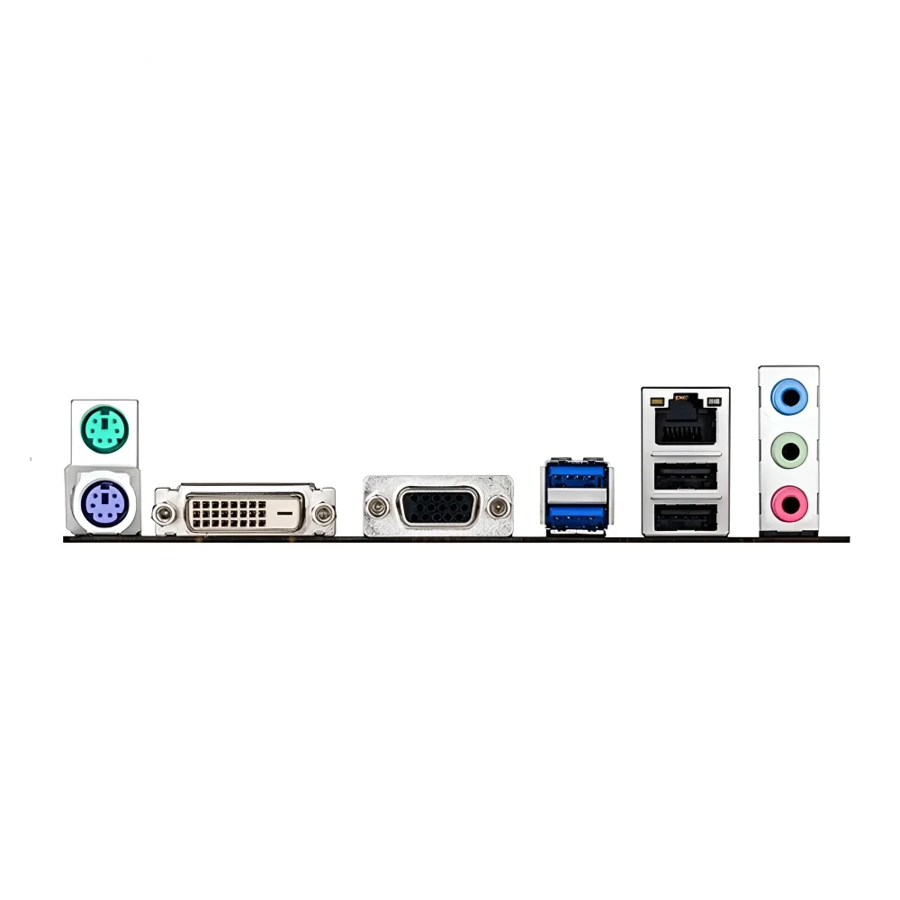 نمای پنل پشتی مادربرد ASUS H81M-K شامل پورت های USB، شبکه LAN، خروجی های تصویر VGA و DVI و جک های صوتی