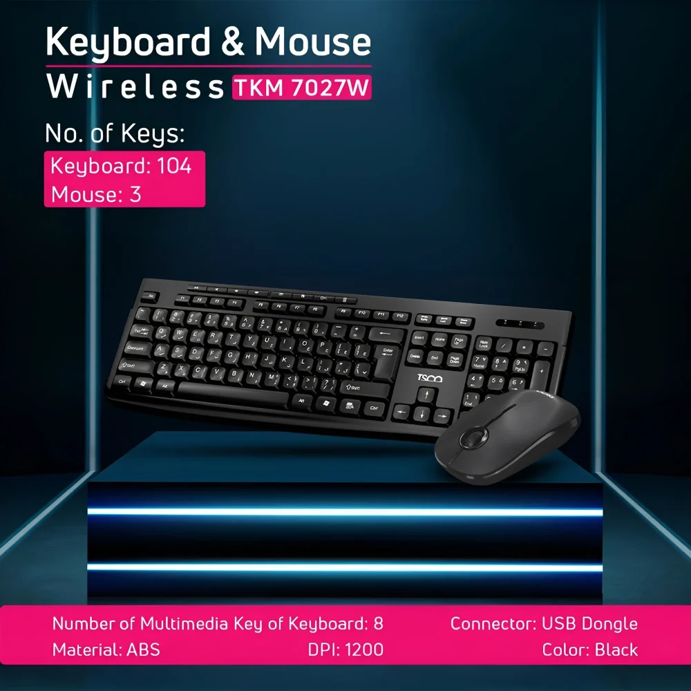 مجموعه بی سیم تسکو TKM 7027W با کلیدهای فارسی و دقت 1200 DPI ماوس