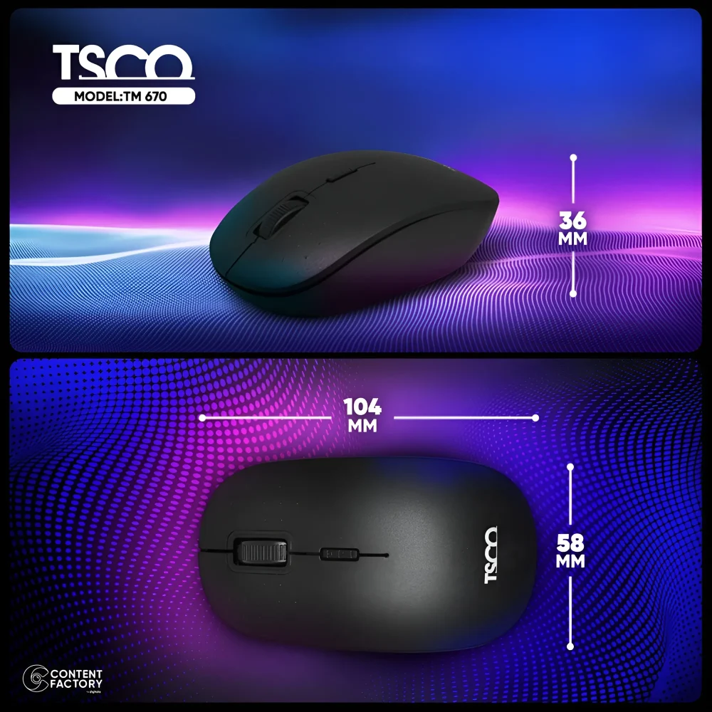 نمایش ابعاد ماوس بی سیم تسکو مدل TM 670W