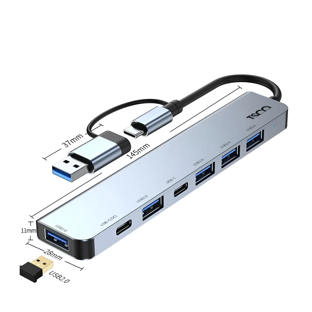 هاب USB 3.0 تسکو THU 1148 با ابعاد 145×28×11 میلی متر و 7 پورت