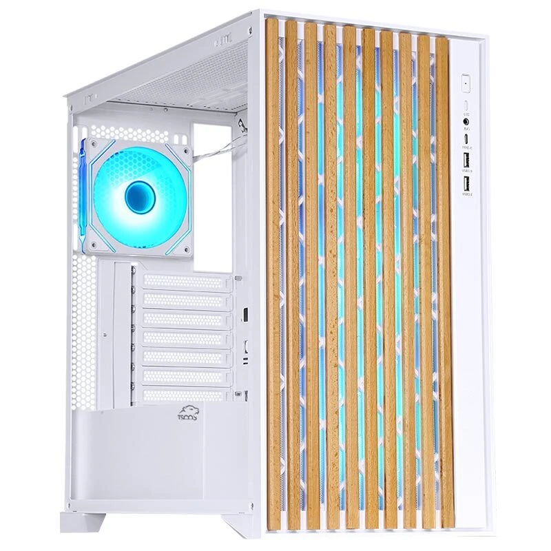 کیس کامپیوتر تسکو TSCO GC4512 با پنل جلویی طرح چوب، پنل کناری شیشه‌ای و طراحی مناسب سیستم‌های گیمینگ